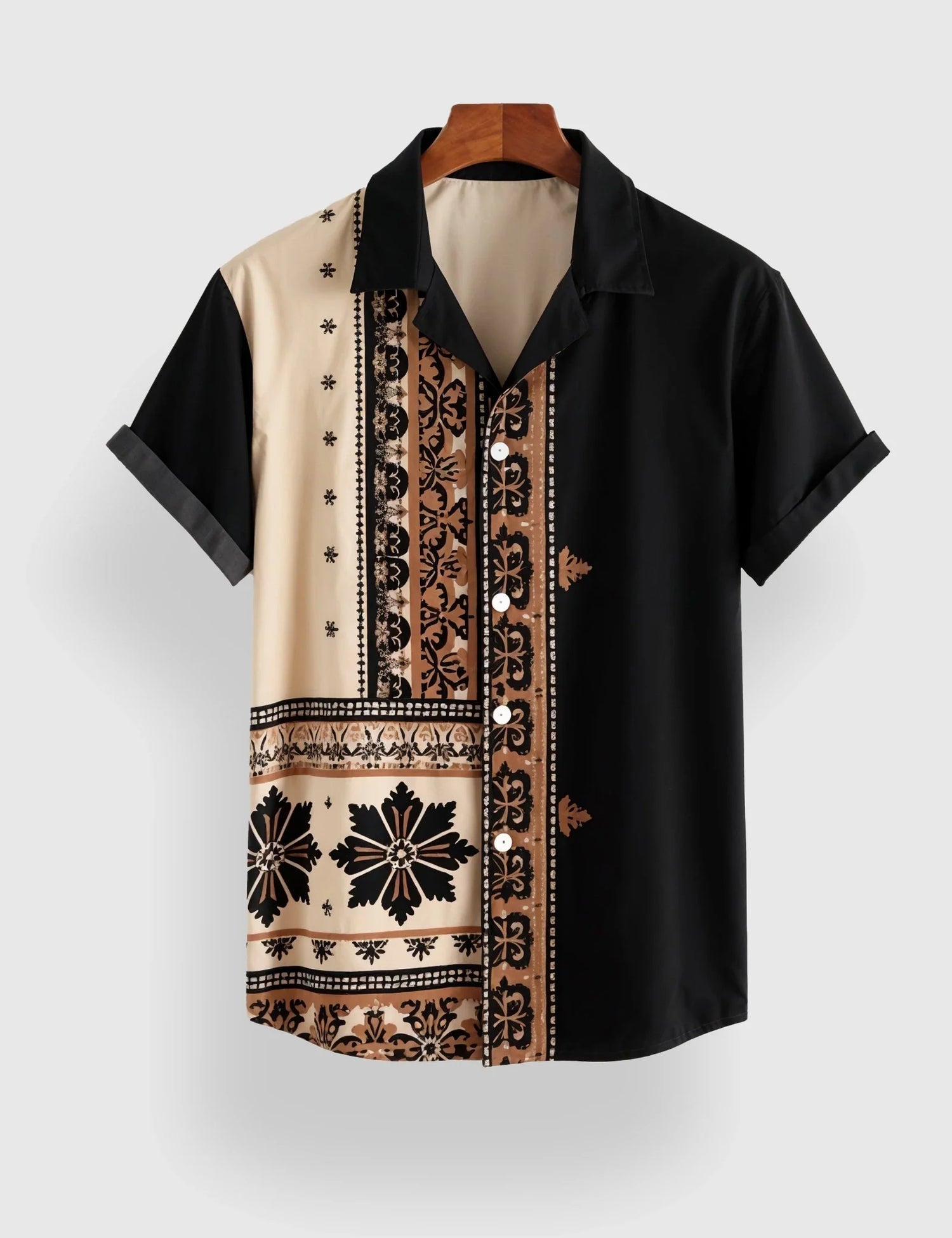 Black & Beige Patchwork Designer Half Sleeve Printed Shirt for Men